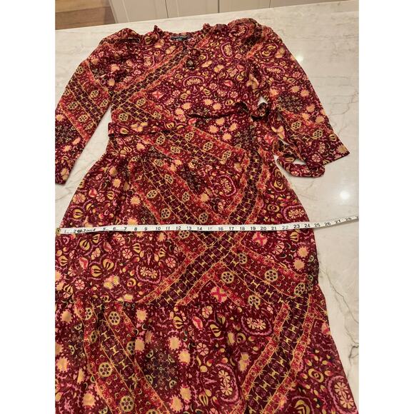 Julia Jordan Maxi Dress Sz 8 Boho Tiered Chiffon Burgundy Floral Long Sleeve - Picture 15 of 16